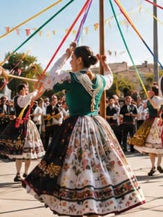 Baile tradicional alrededor de un palo con cintas de colores