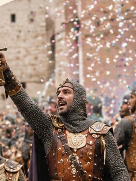 Festero con armadura alzando la espada durante un desfile