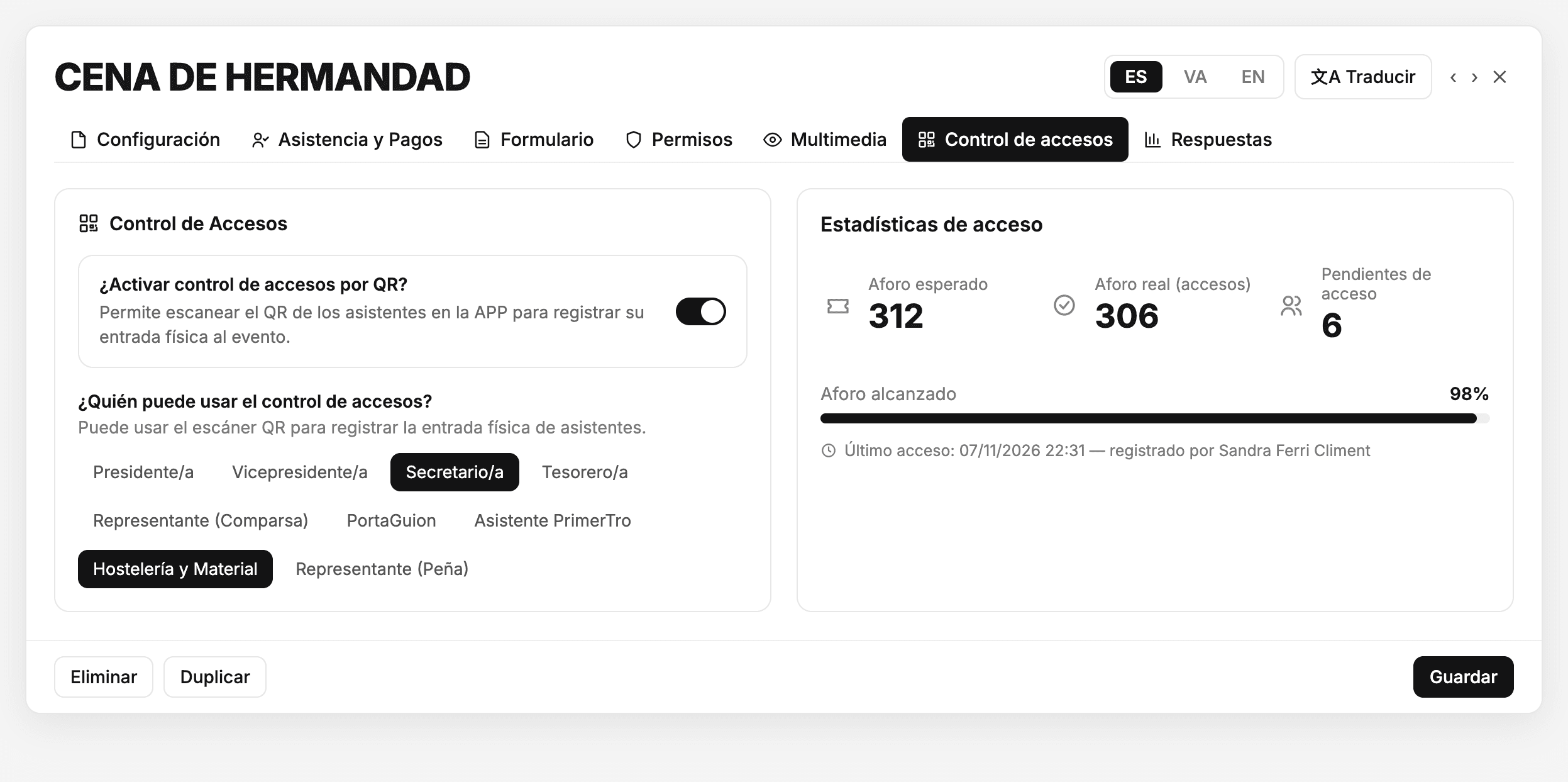 Pestaña Control de accesos de la Cena de hermandad en el panel: el control por QR activado, los cargos Secretario/a y Hostelería y Material marcados para escanear, y las estadísticas de acceso con 312 de aforo esperado, 306 accesos, 6 pendientes, un 98 % de aforo alcanzado y el último acceso registrado por Sandra Ferri Climent