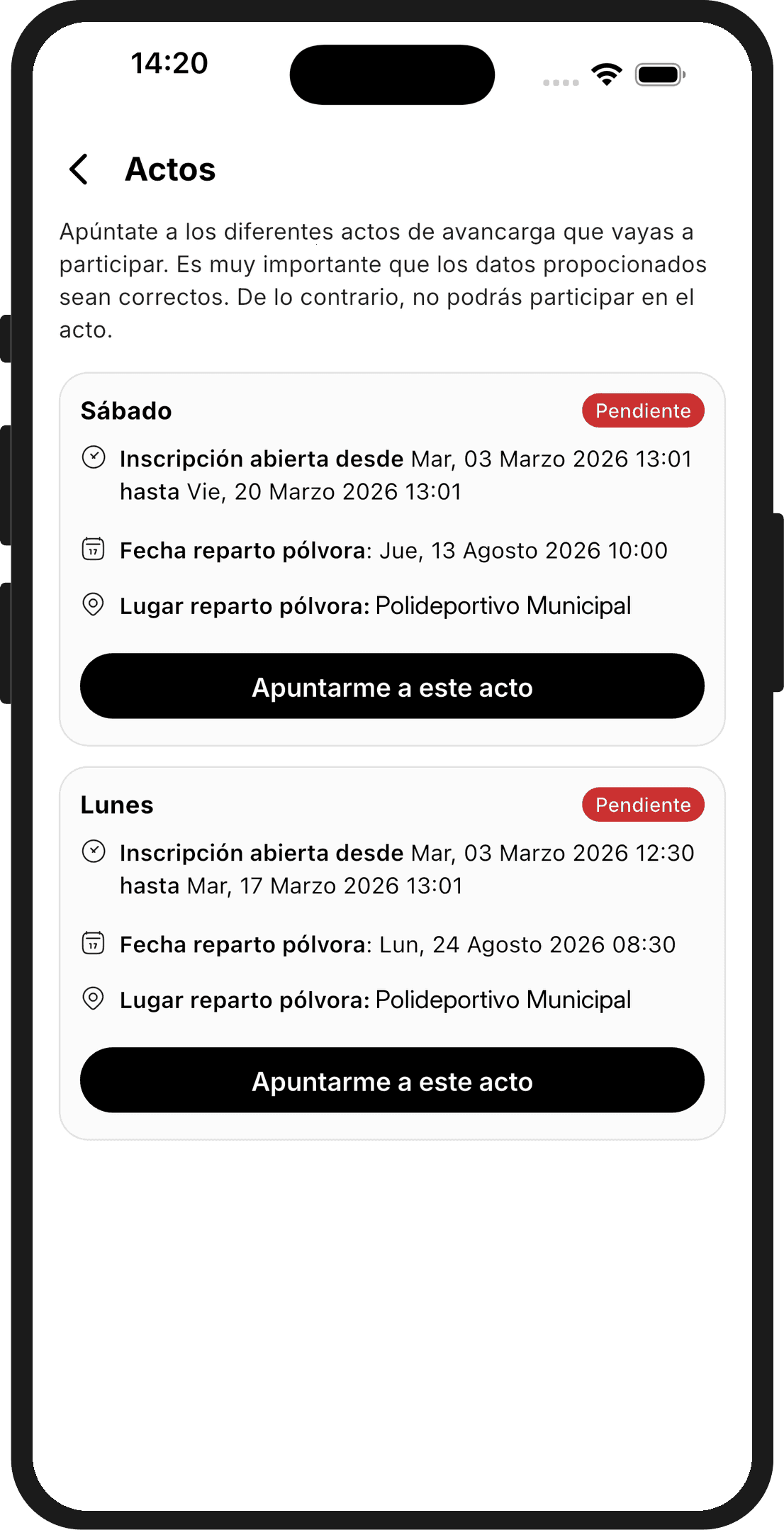 Listado de actos con periodo de inscripción, fecha y lugar de reparto de pólvora