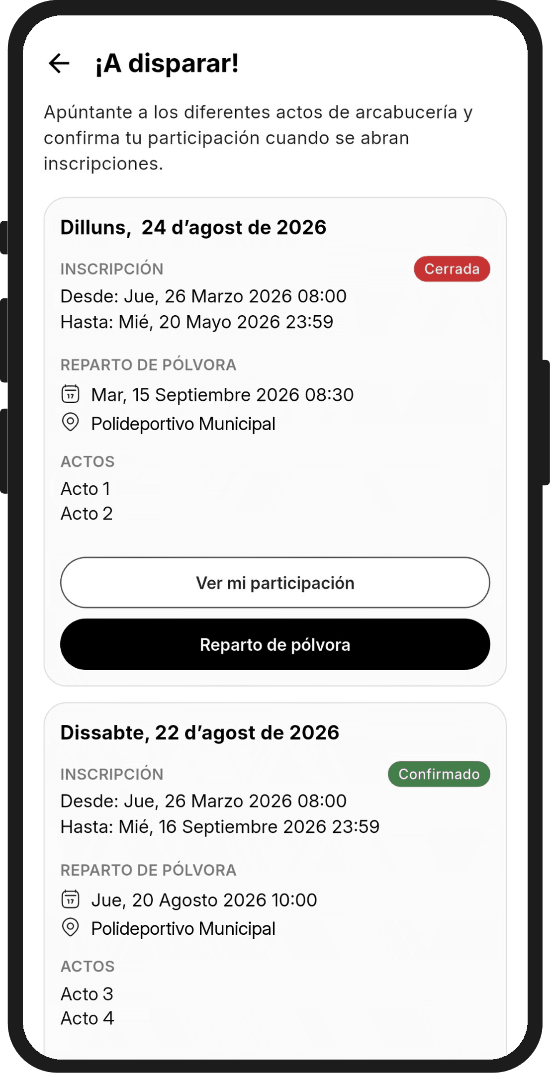 Listado de actos con el botón Reparto de pólvora, visible solo para los repartidores