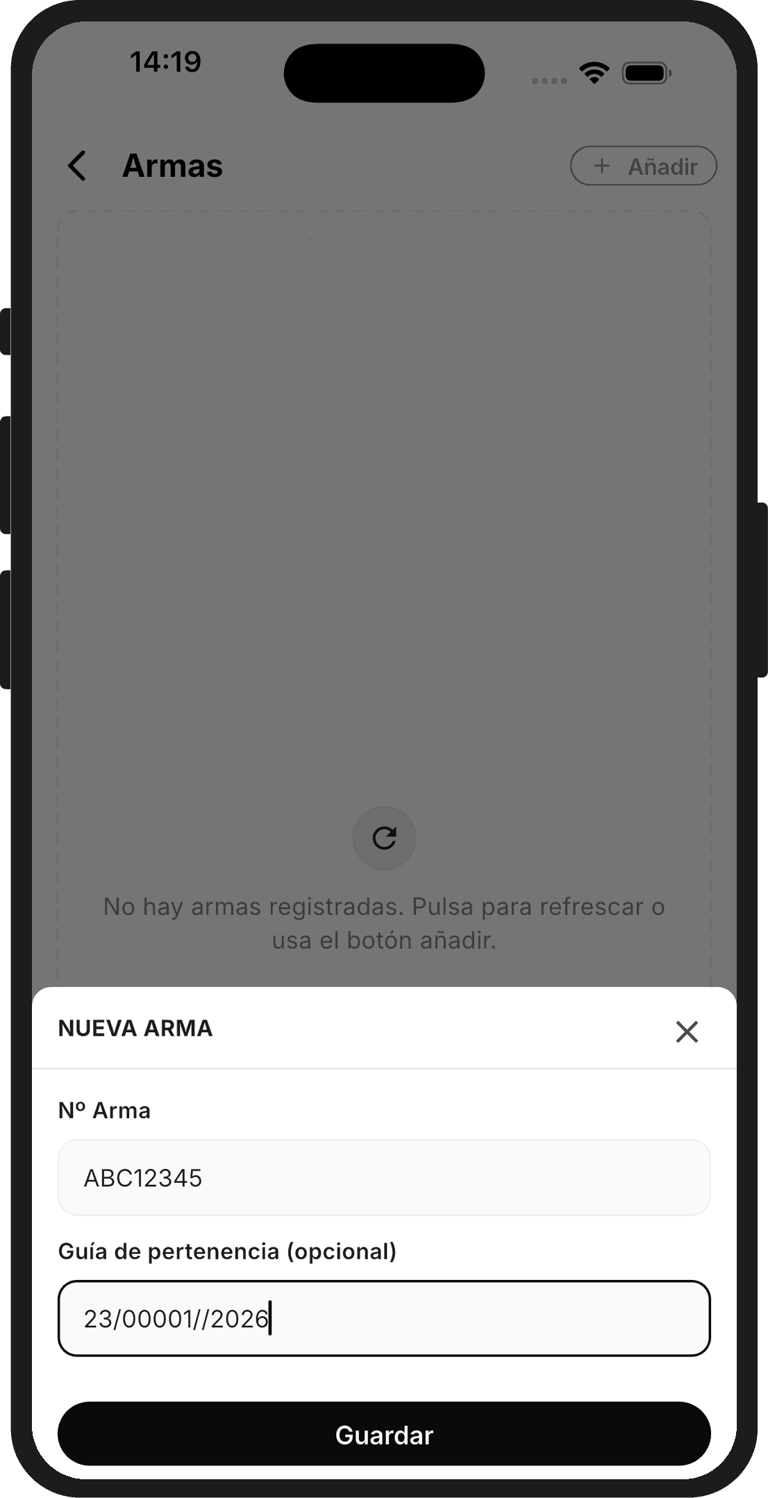 Formulario para registrar una nueva arma con su número y guía de pertenencia