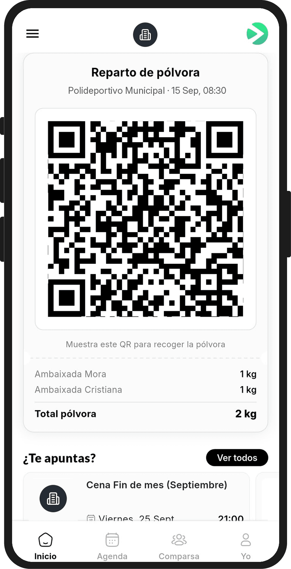 Tarjeta de reparto de pólvora en el inicio de la app con el código QR, el lugar y los kilos de cada acto