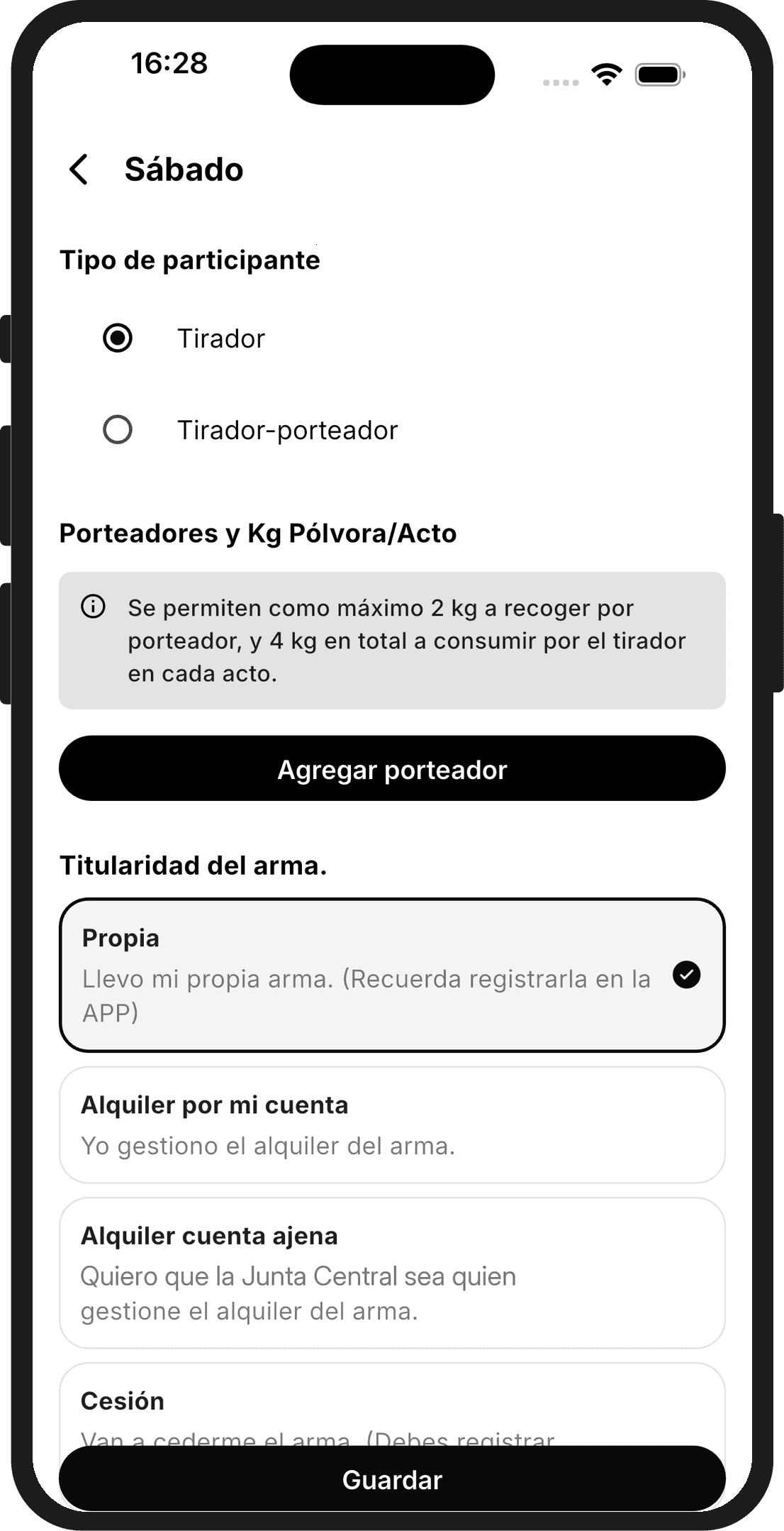 Pantalla de participación con tipo de participante, porteadores y titularidad del arma