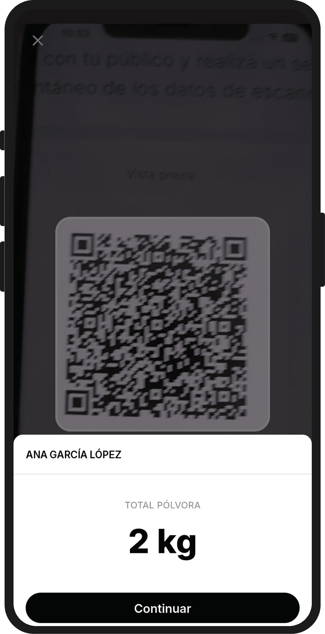 Ficha del porteador tras escanear su QR, con el total de pólvora en kilos y el botón Continuar