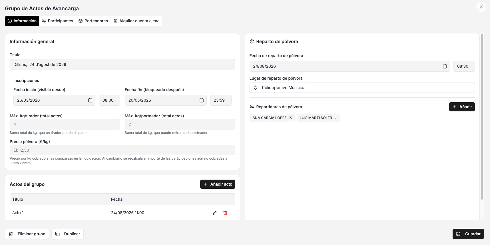 Configuración de un grupo de actos de avancarga: inscripción, máximos de kilos, precio de la pólvora, actos y reparto de pólvora con sus repartidores