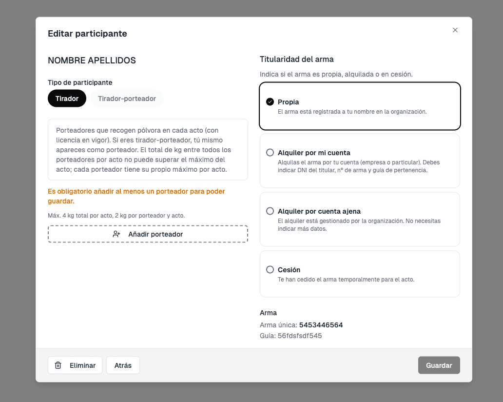 Formulario de participante en el panel web con tipo de participante, porteadores y titularidad del arma