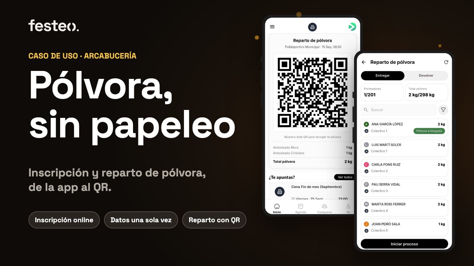 Portada: Pólvora, sin papeleo. Dos móviles con la tarjeta del reparto con su QR y la lista de porteadores