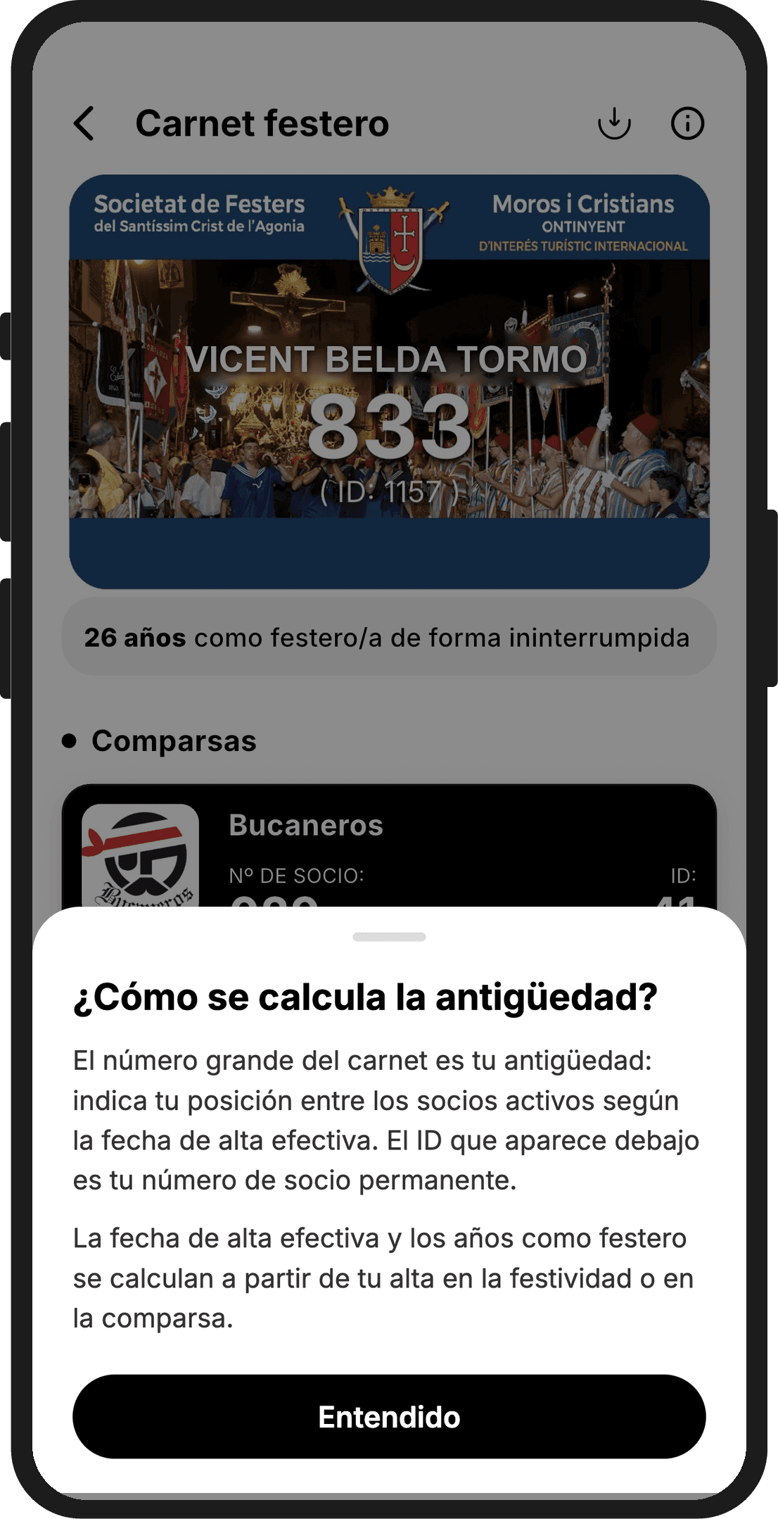 Explicación en la app de cómo se calcula la antigüedad: el número grande es la posición entre los socios activos según la fecha de alta efectiva