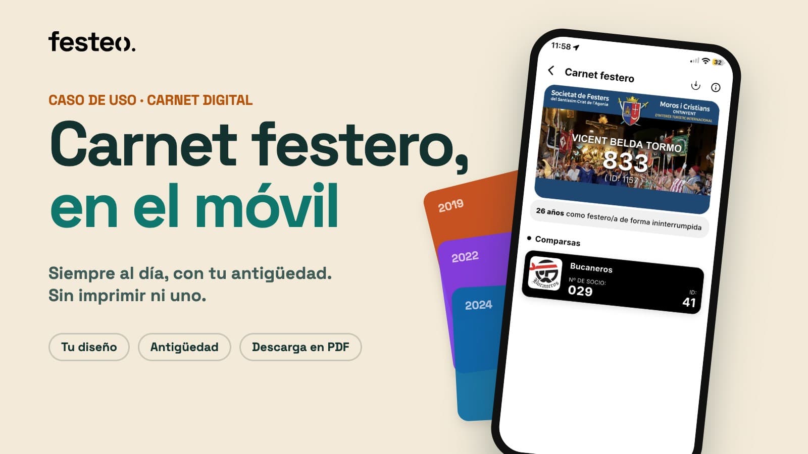 Portada: Carnet festero, en el móvil. Un móvil con el carnet festero digital, el número de antigüedad y la comparsa
