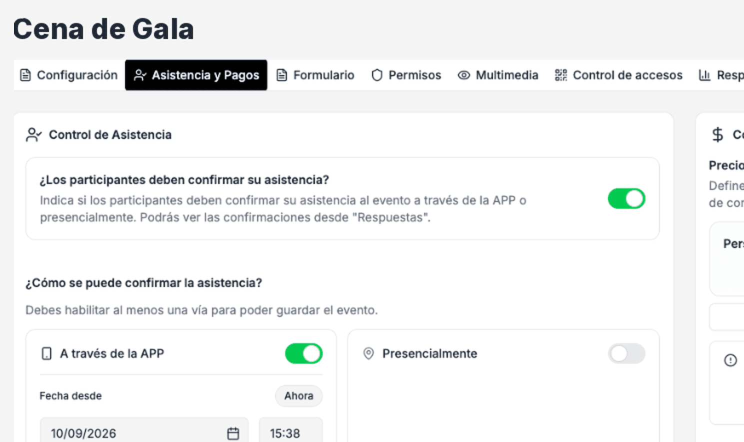Pestaña de asistencia y pagos del evento: confirmación a través de la app y plazo de inscripción