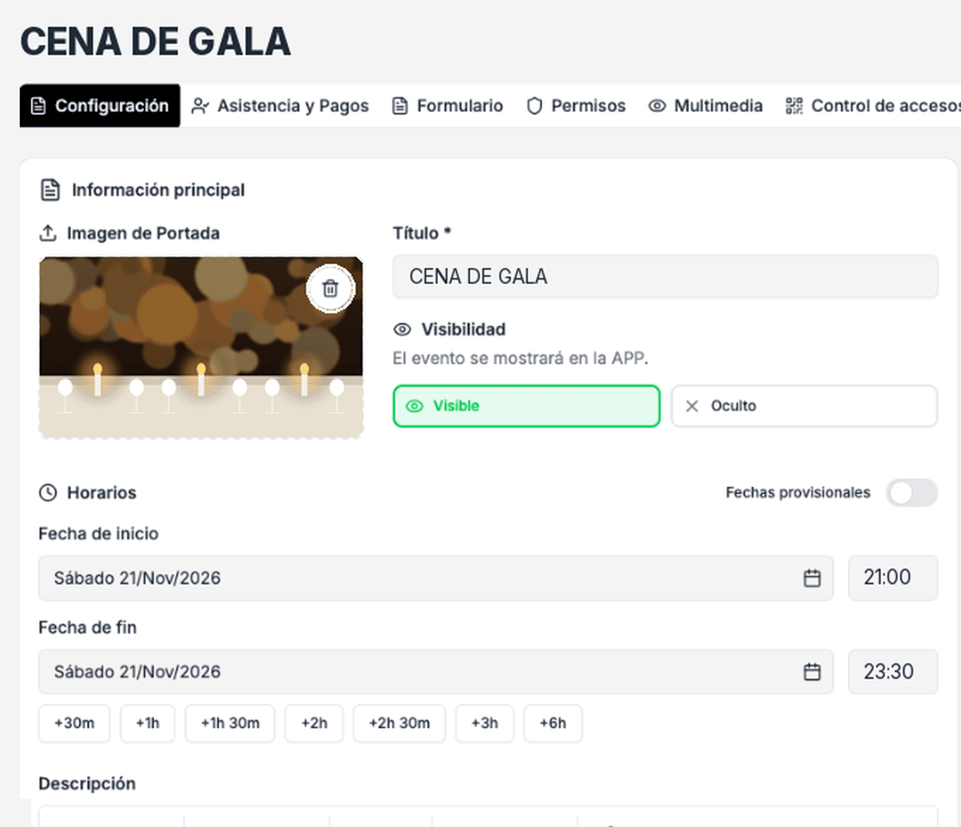 Configuración del evento Cena de Gala en el panel web: título, visibilidad y horarios