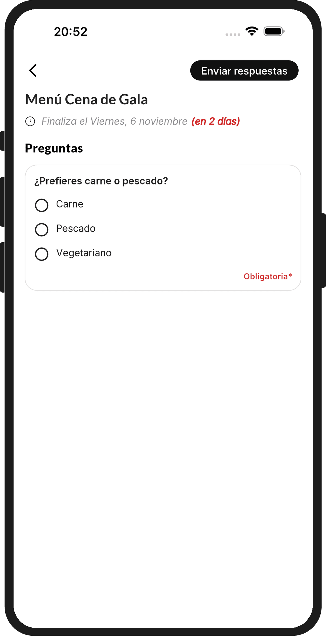 Formulario del menú de la Cena de Gala con las opciones carne, pescado y vegetariano