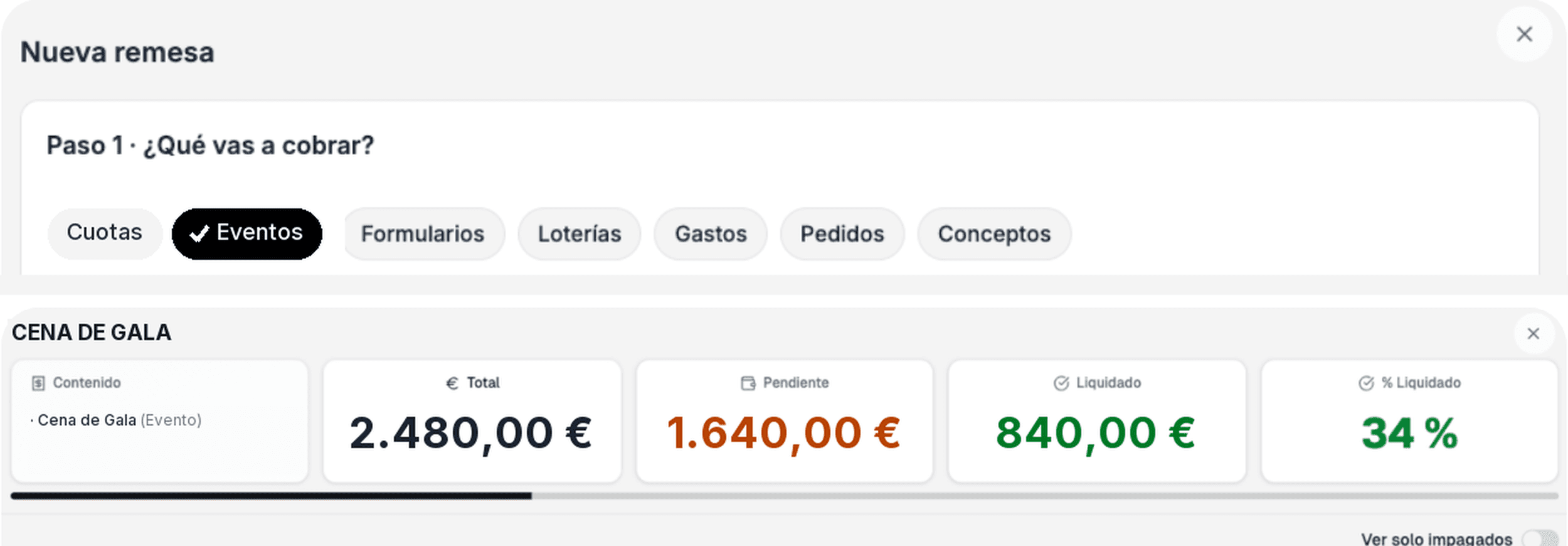 Nueva remesa con el origen Eventos seleccionado y resumen de la remesa de la Cena de Gala