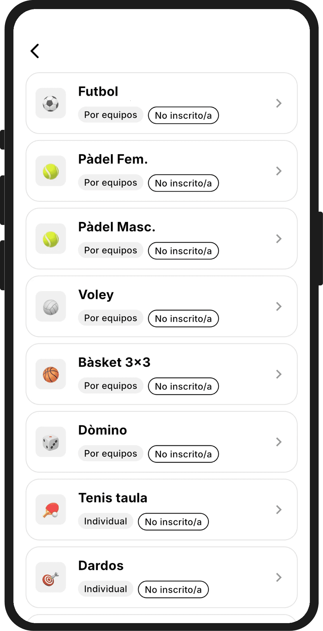 Lista de deportes de la olimpiada con su tipo, por equipos o individual, y el estado de inscripción