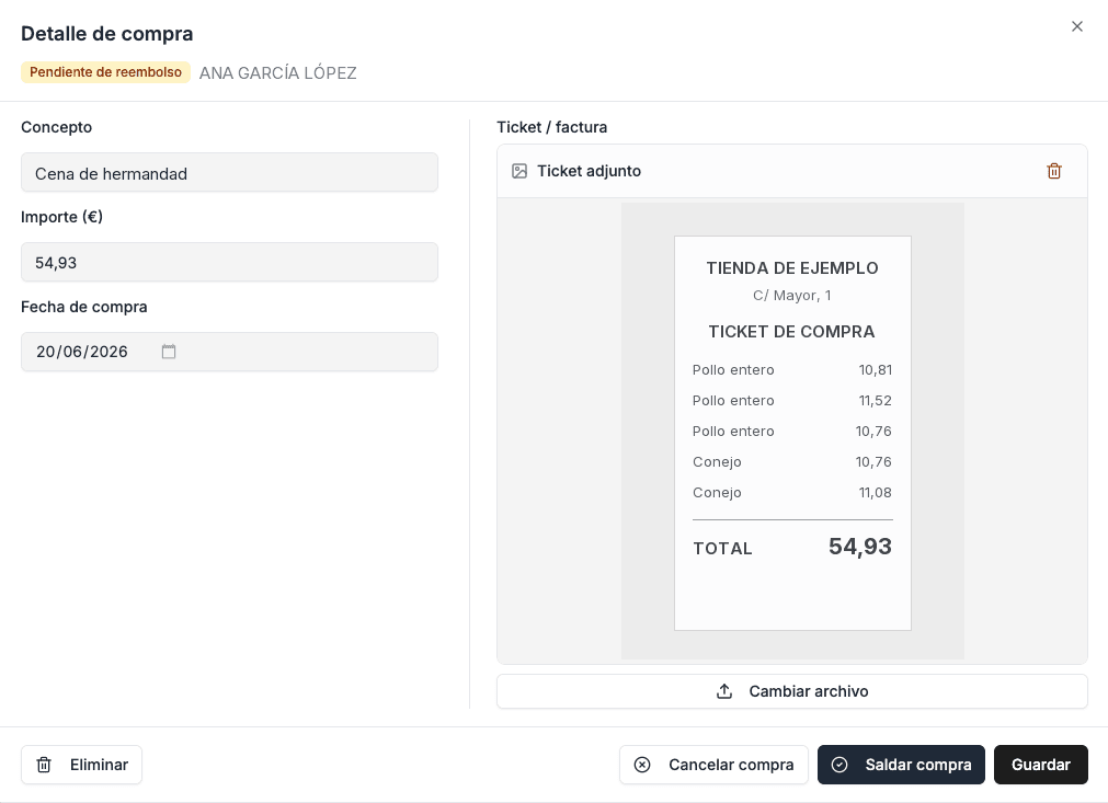 Detalle de una compra pendiente de reembolso con el concepto, el importe, la fecha y el ticket adjunto, y los botones para saldarla o cancelarla