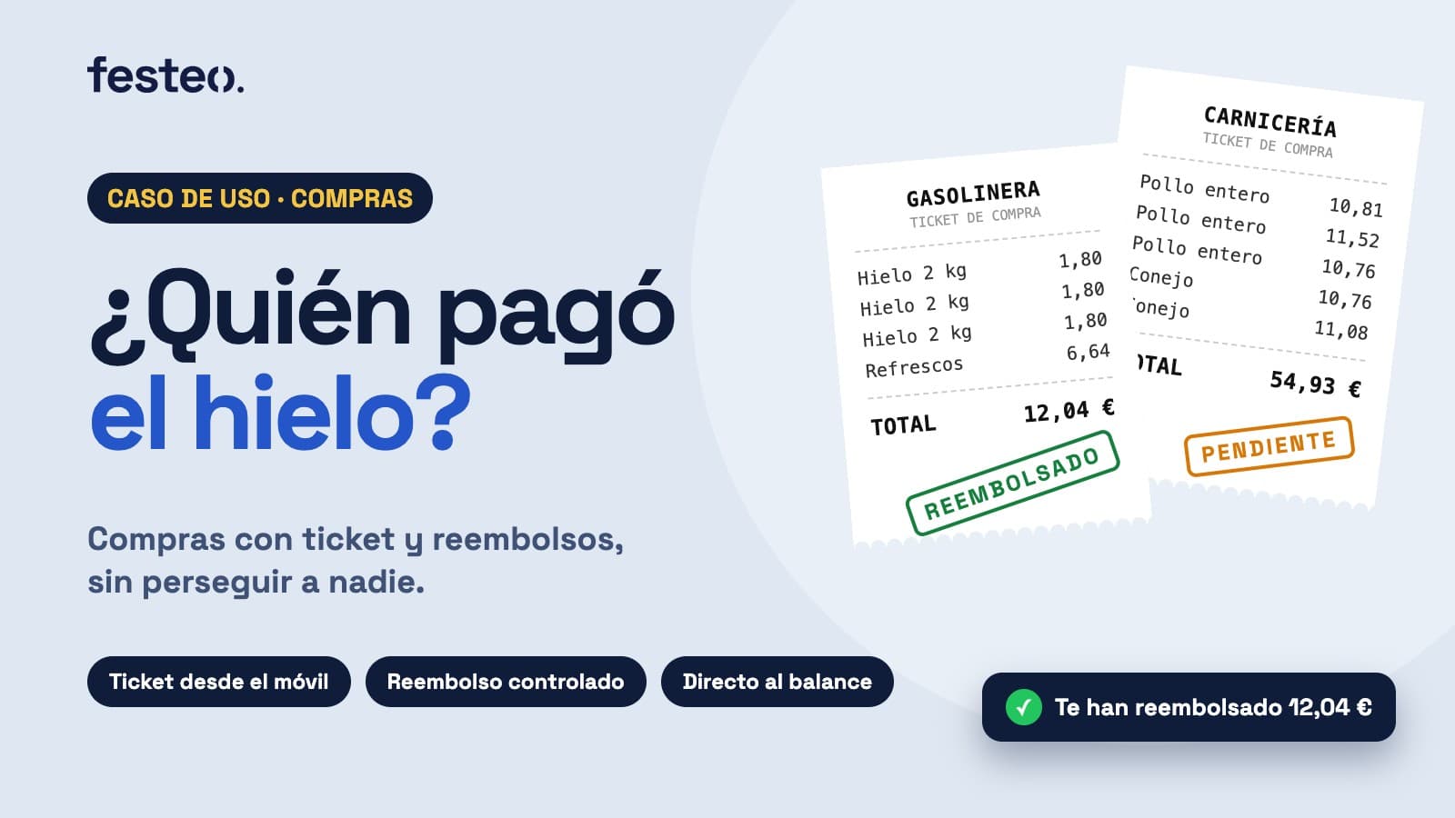 Portada: ¿Quién pagó el hielo? Dos tickets de compra, uno de una gasolinera reembolsado y otro de una carnicería pendiente, y un aviso de reembolso de 12,04 €
