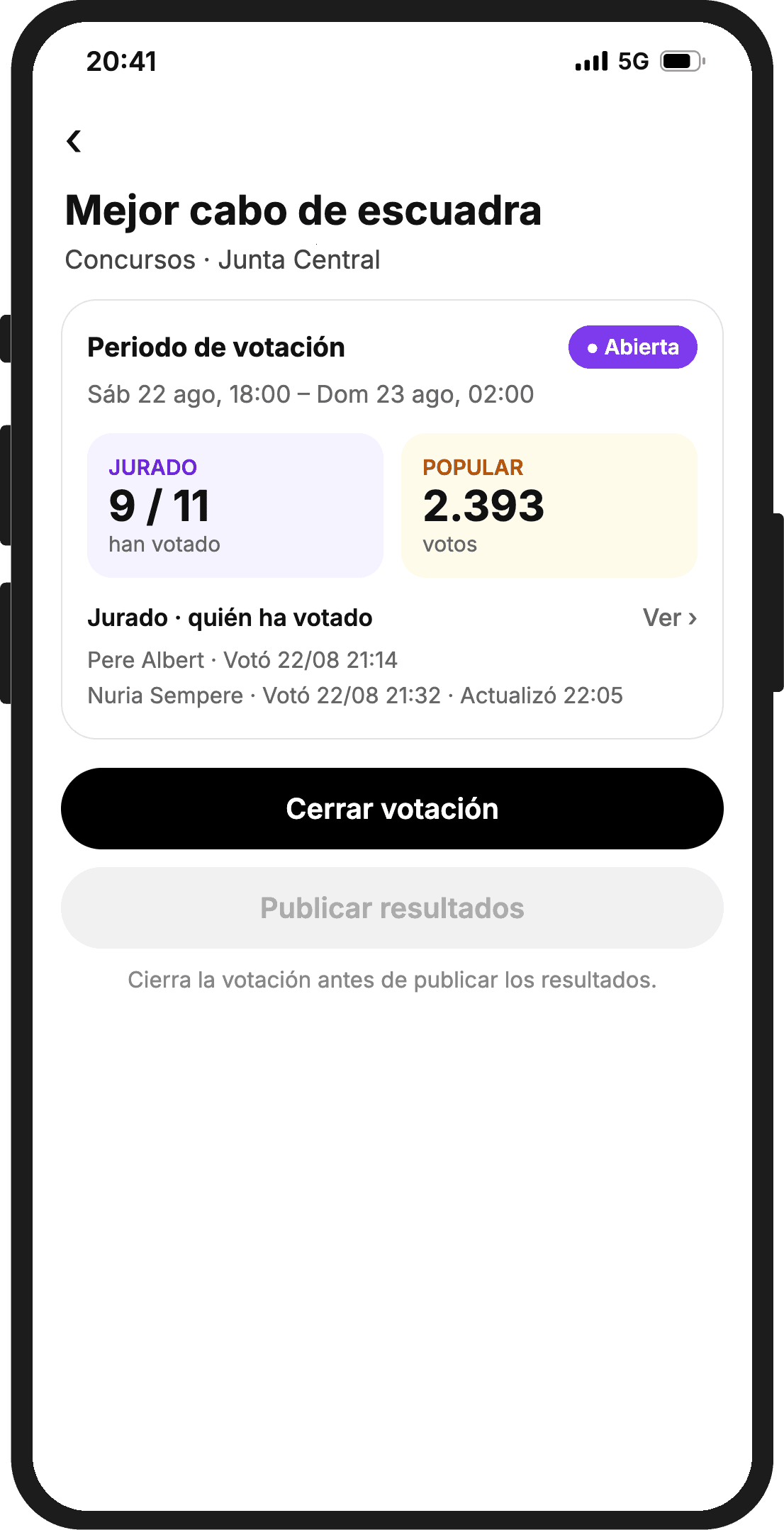 Control del concurso en la app: votación abierta, nueve de once miembros del jurado han votado, 2.393 votos del público y los botones para cerrar la votación y publicar los resultados