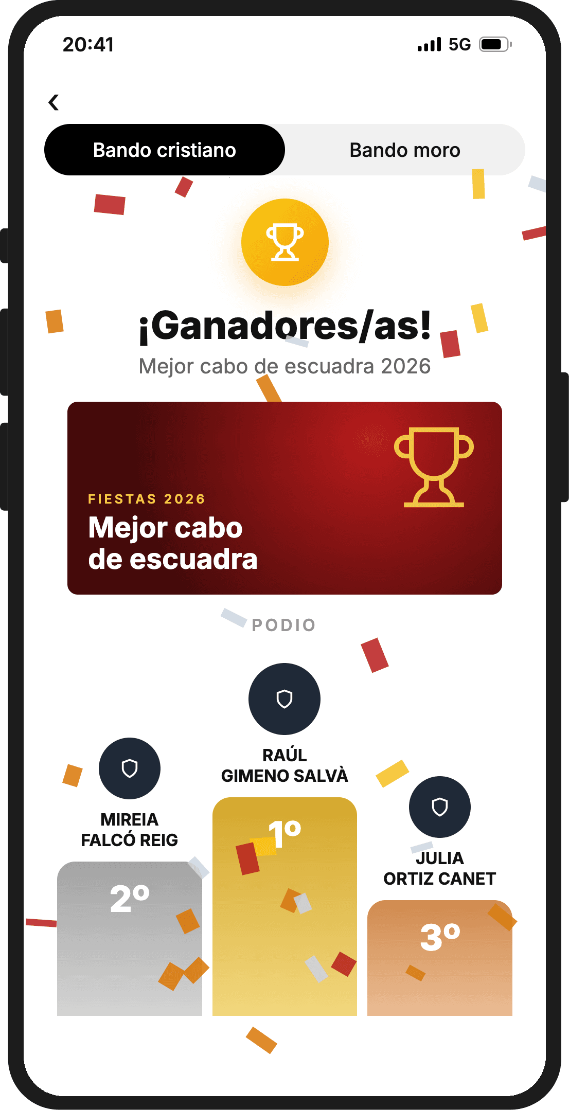 Pantalla de ganadores en la app con las pestañas Bando cristiano y Bando moro y el podio con el primer, segundo y tercer puesto