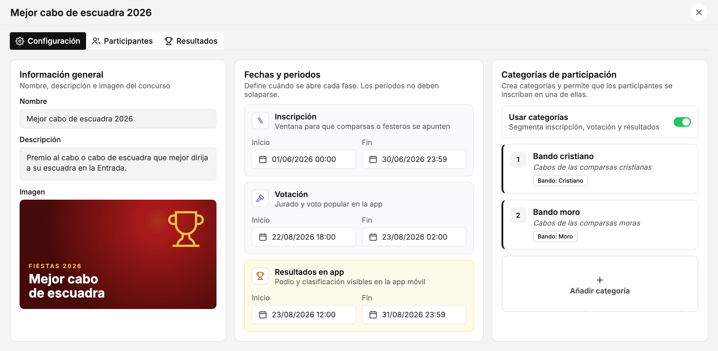 Configuración del concurso en el panel: nombre, descripción e imagen; las fechas de inscripción, votación y resultados; y las categorías Bando cristiano y Bando moro