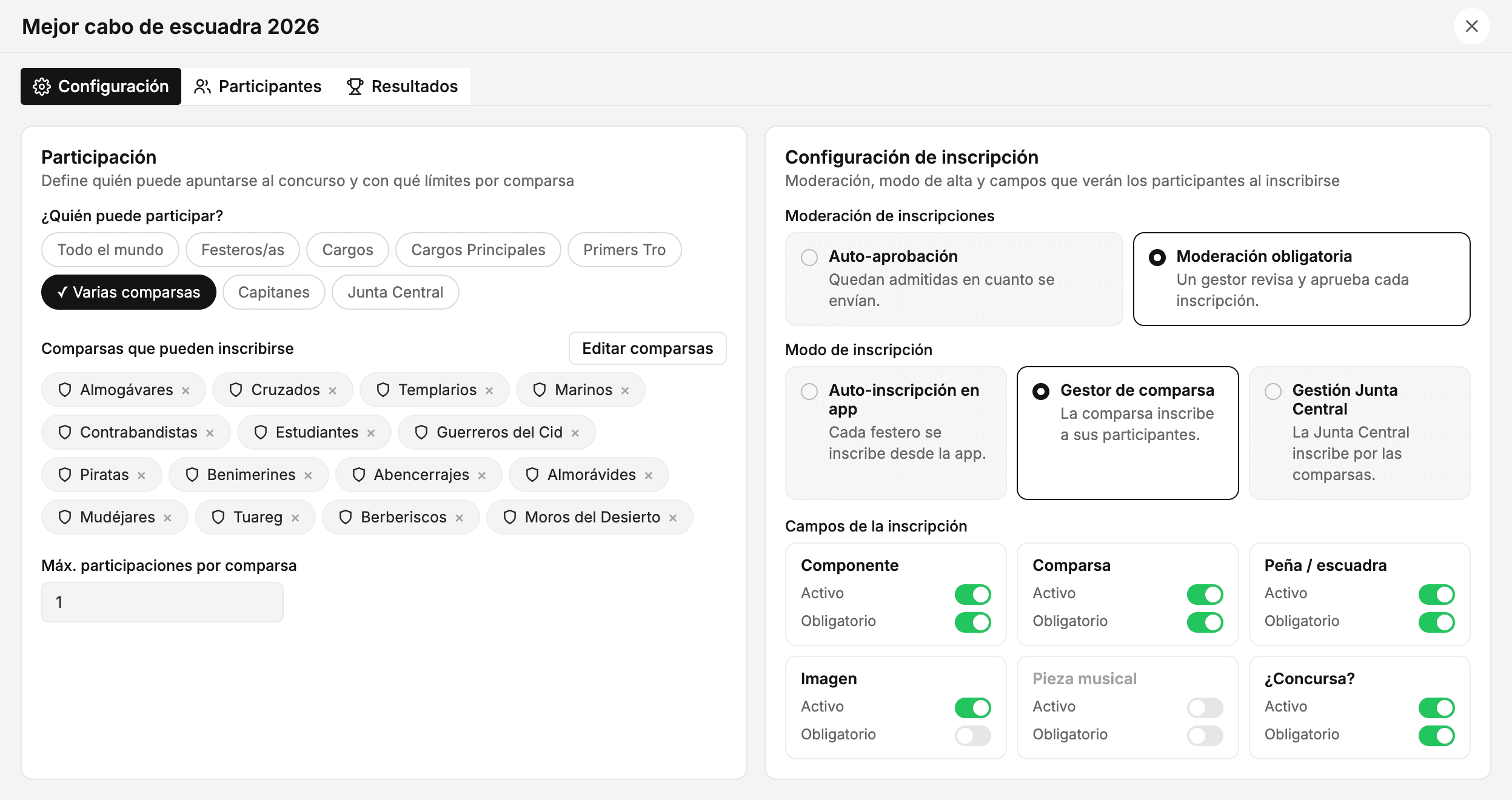 Configuración de la participación y la inscripción: las comparsas que pueden inscribirse, una participación por comparsa, moderación obligatoria, inscripción por la comparsa y los campos que se piden
