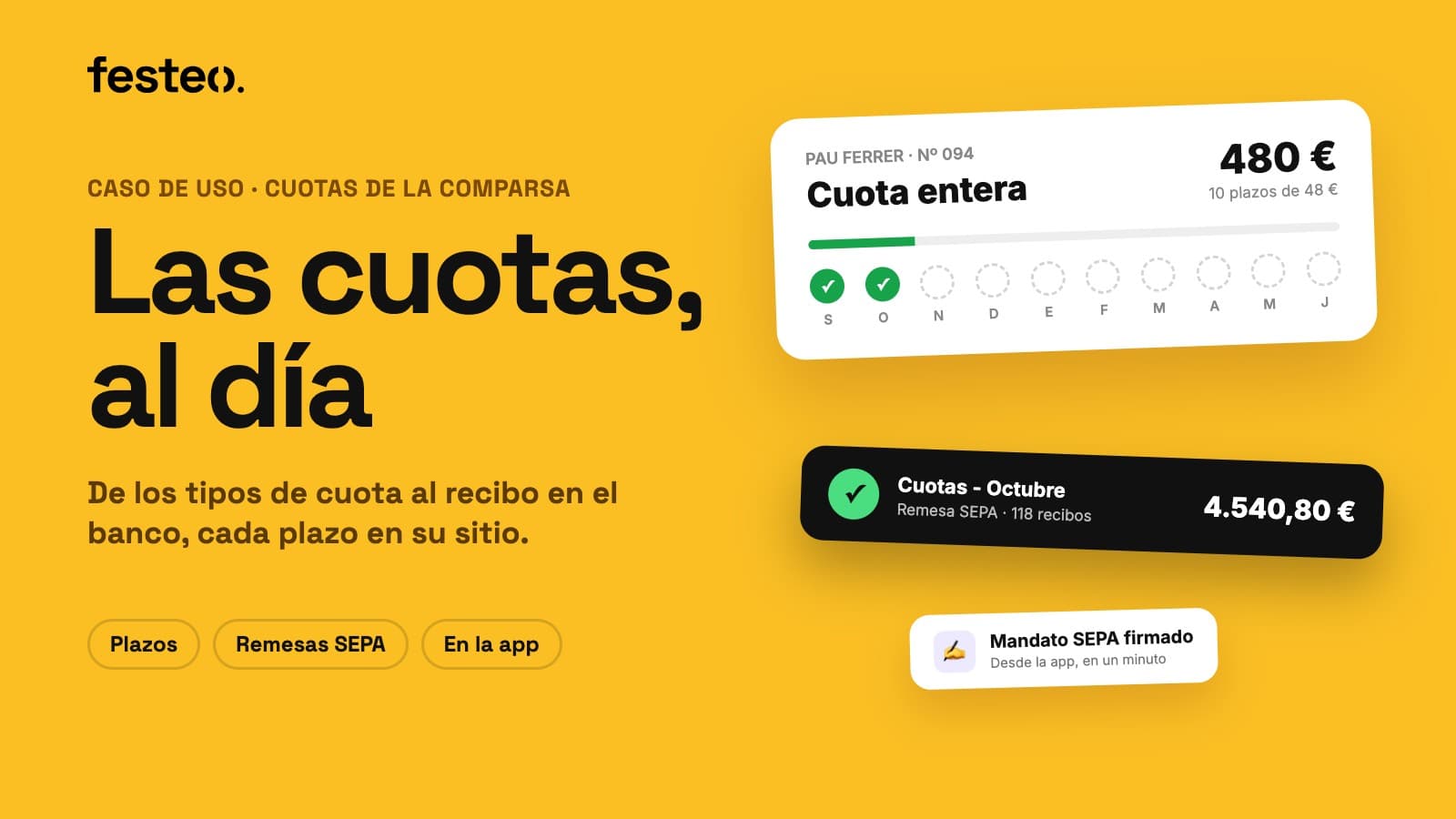 Portada: Las cuotas, al día. La cuota entera de un socio con sus diez plazos, dos ya pagados, la remesa de octubre y un mandato SEPA firmado