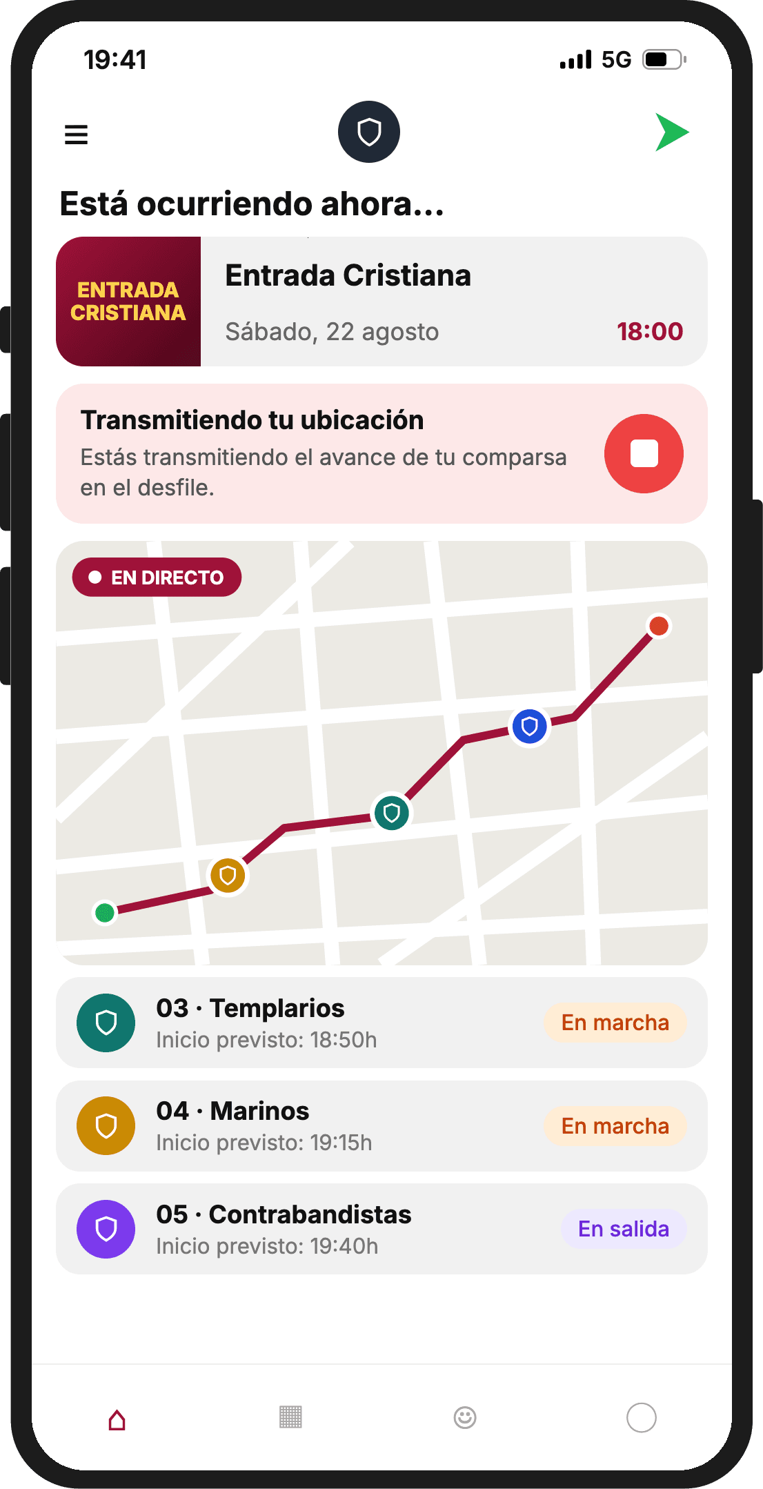 La app transmitiendo la ubicación: tarjeta roja Transmitiendo tu ubicación con un botón para parar, y el escudo de los Marinos ya en el mapa