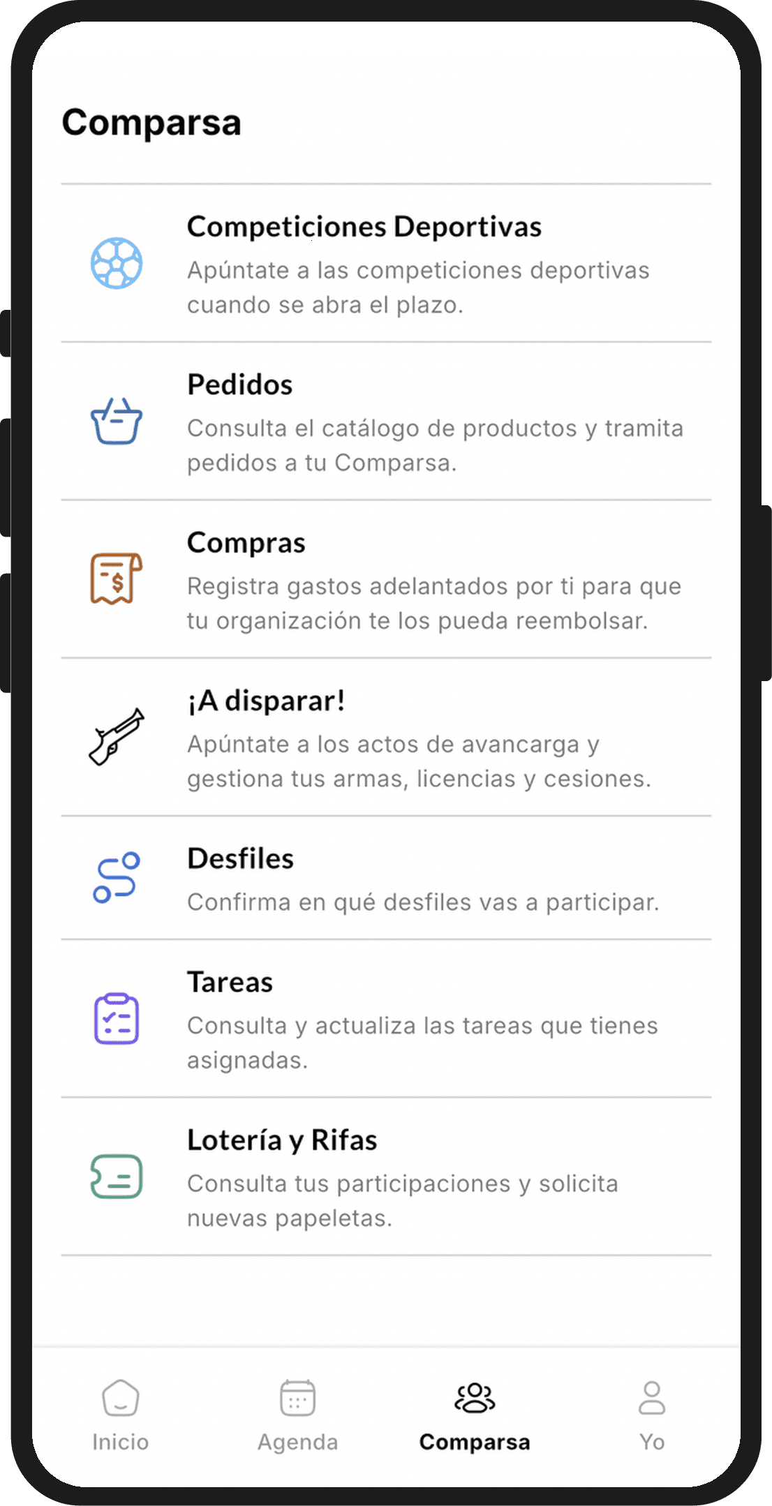 Menú del colectivo en la app con la opción Lotería y Rifas
