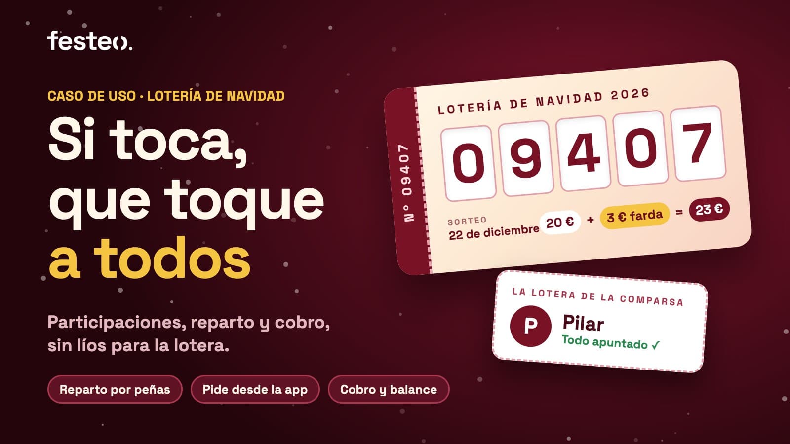 Portada: Si toca, que toque a todos. Un décimo de la Lotería de Navidad con el número 09407, su precio con farda y Pilar, la lotera de la comparsa, con todo apuntado