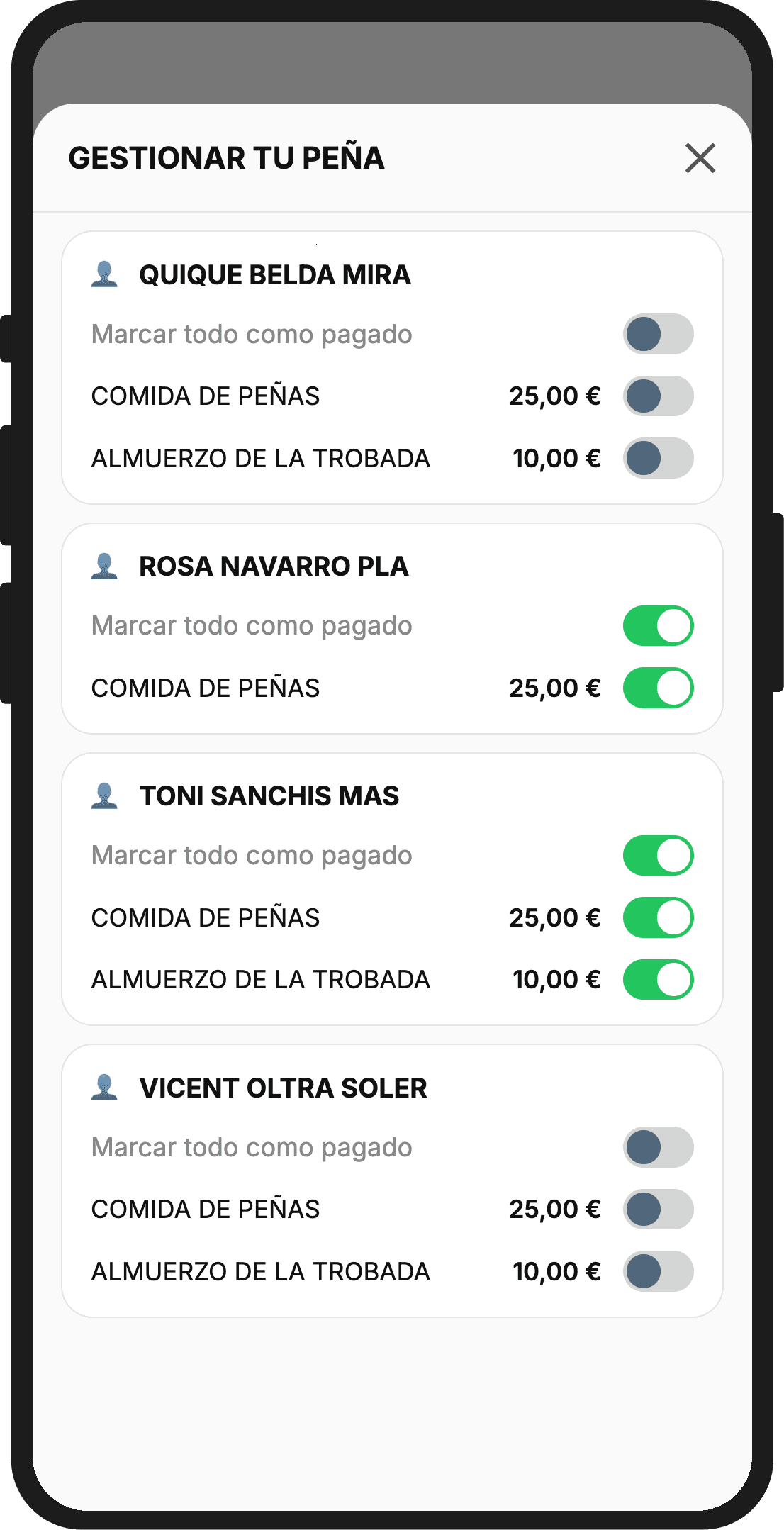 Ventana Gestionar tu peña en la app: una tarjeta por miembro con el interruptor Marcar todo como pagado y un interruptor por cada concepto, la comida de peñas y el almuerzo de la Trobada, con su importe