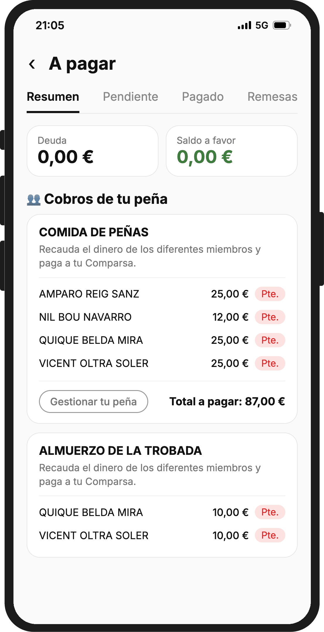 Pantalla A pagar de la vocal en la app, pestaña Resumen: su deuda y su saldo a favor, y el bloque Cobros de tu peña con la comida de peñas y el almuerzo de la Trobada, los miembros que aún no han pagado marcados como Pte., el botón Gestionar tu peña y el total a pagar