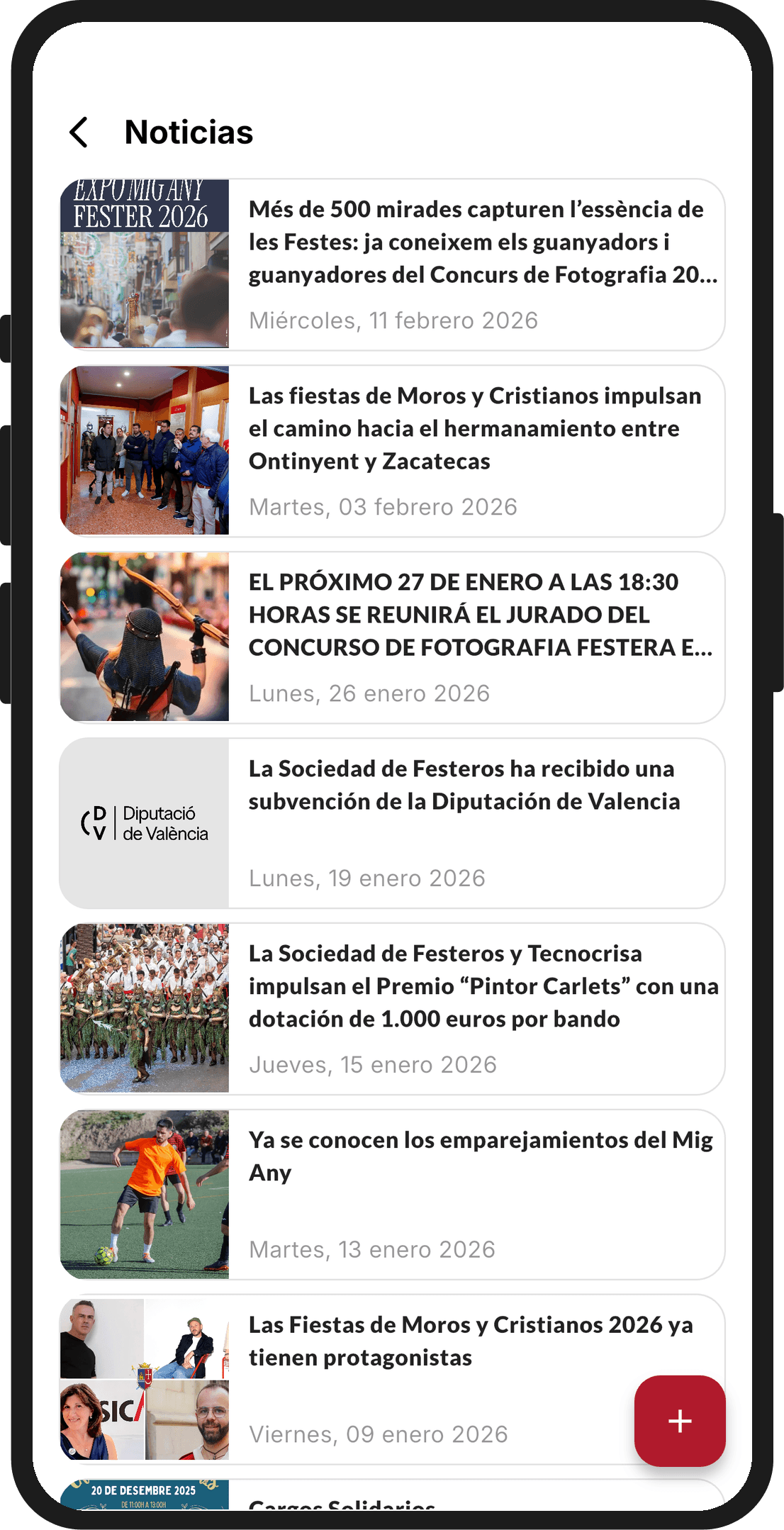 Gestión de noticias en la app, con el listado y el botón para crear una nueva
