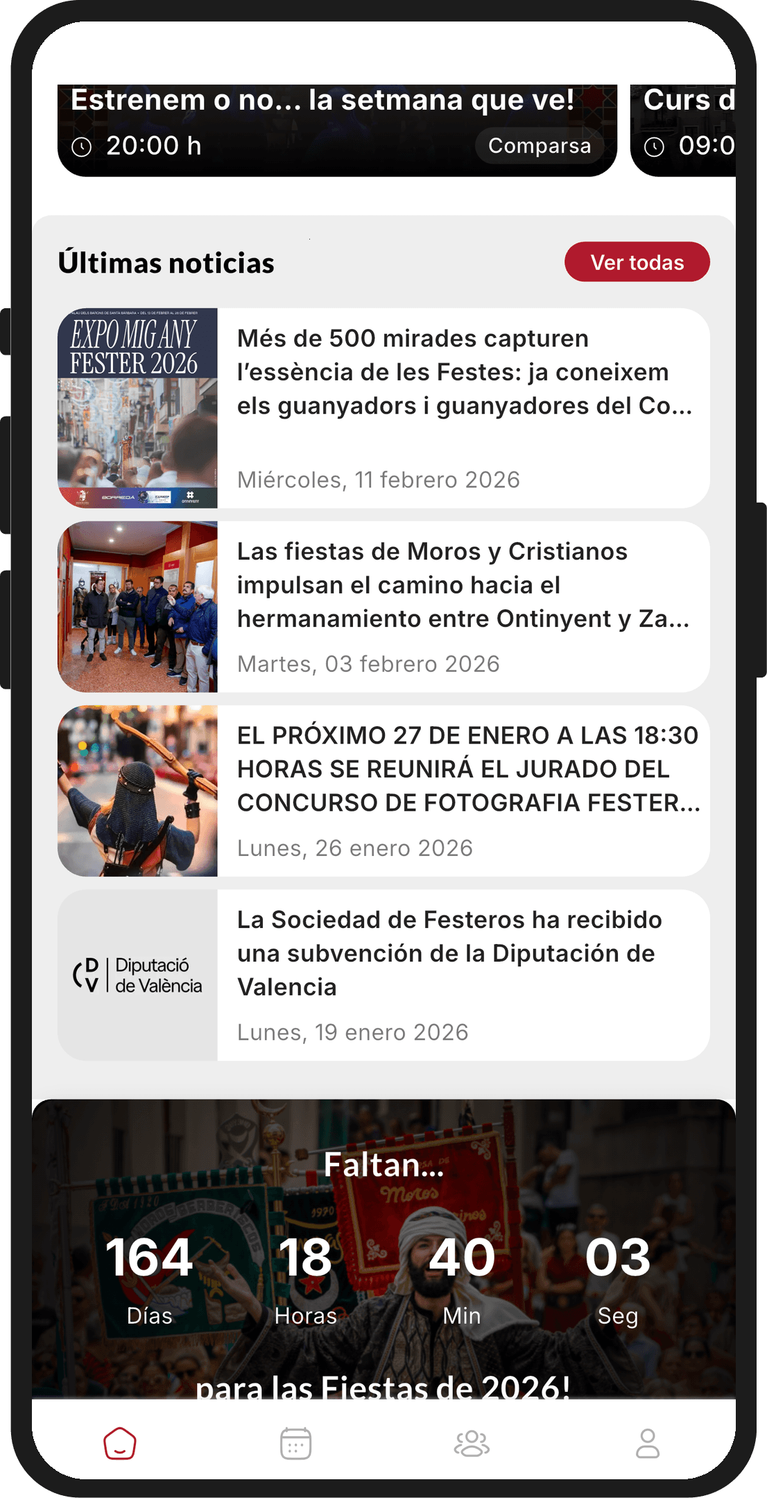 Inicio de la app con el bloque de últimas noticias y la cuenta atrás para las fiestas