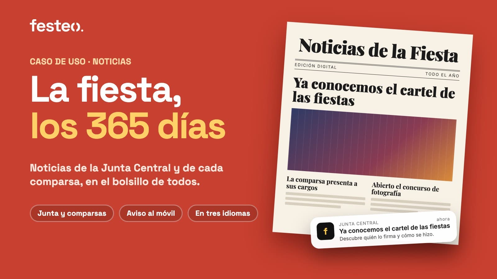 Portada: La fiesta, los 365 días. Una portada de periódico con las noticias de la fiesta y un aviso al móvil de la Junta Central