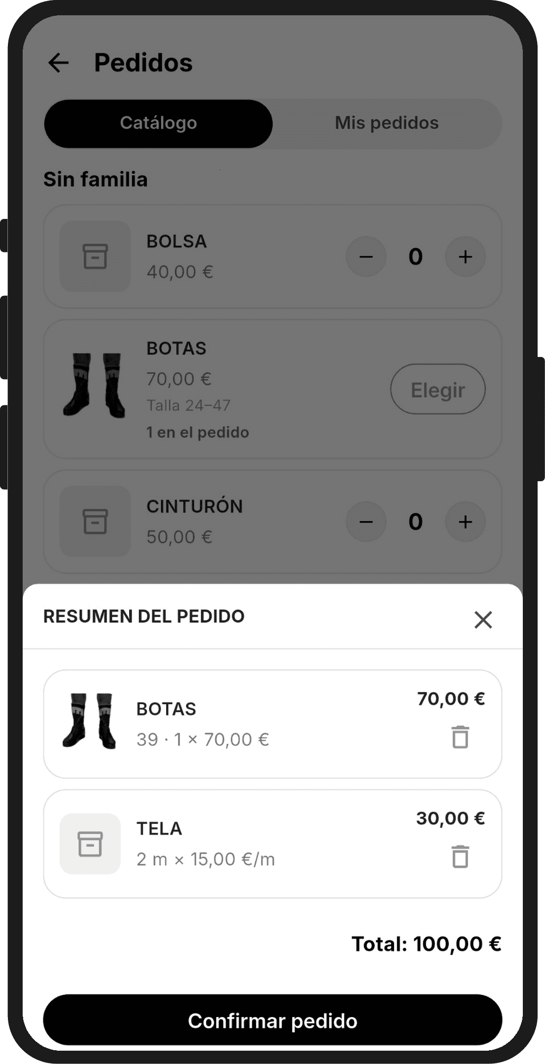 Resumen del pedido con las botas talla 39 y dos metros de tela, el total y el botón de confirmar
