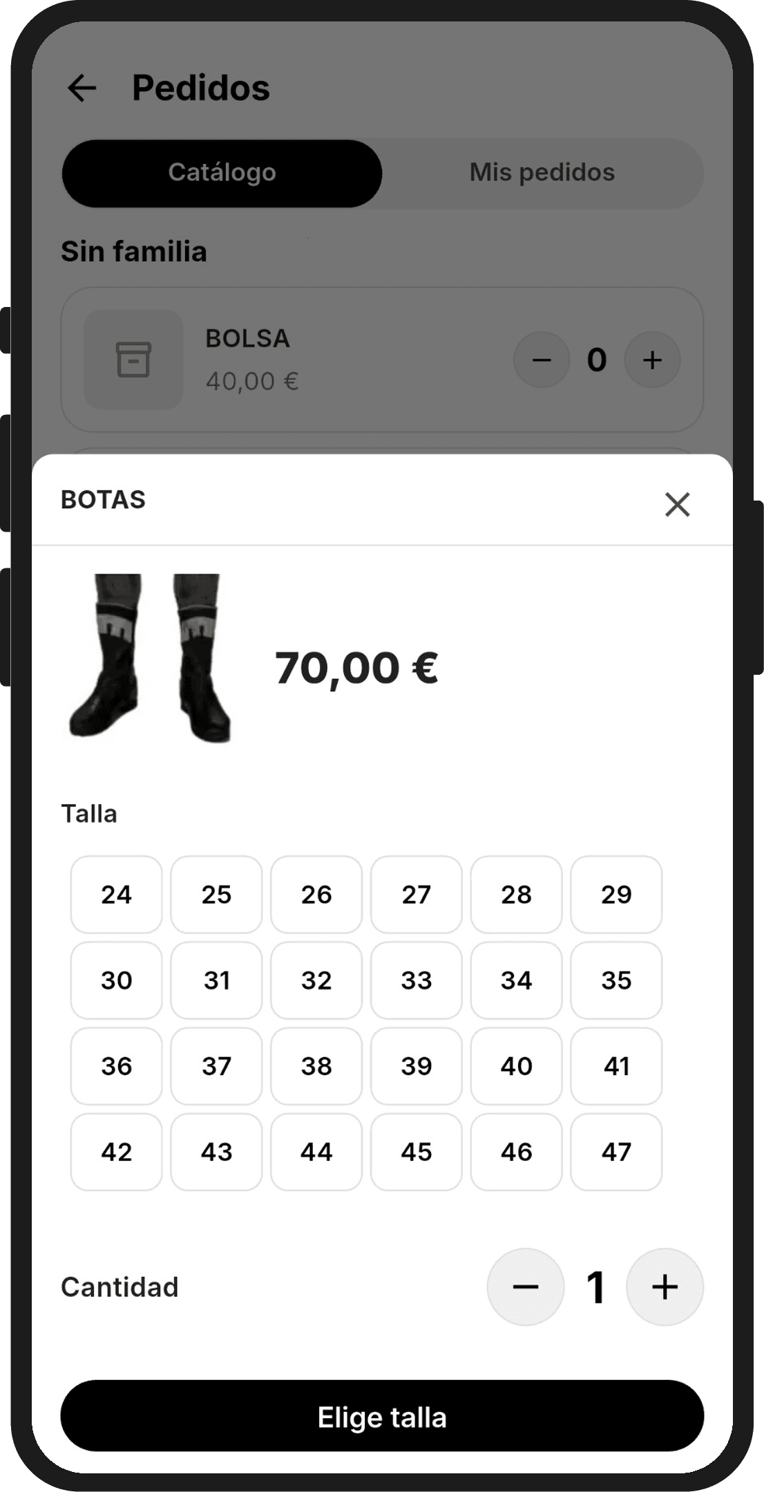 Ventana de un producto con su imagen, su precio y todas las tallas para elegir