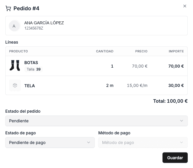 Detalle de un pedido con las botas y su talla, la tela y sus metros, el total y el estado del pedido y del pago
