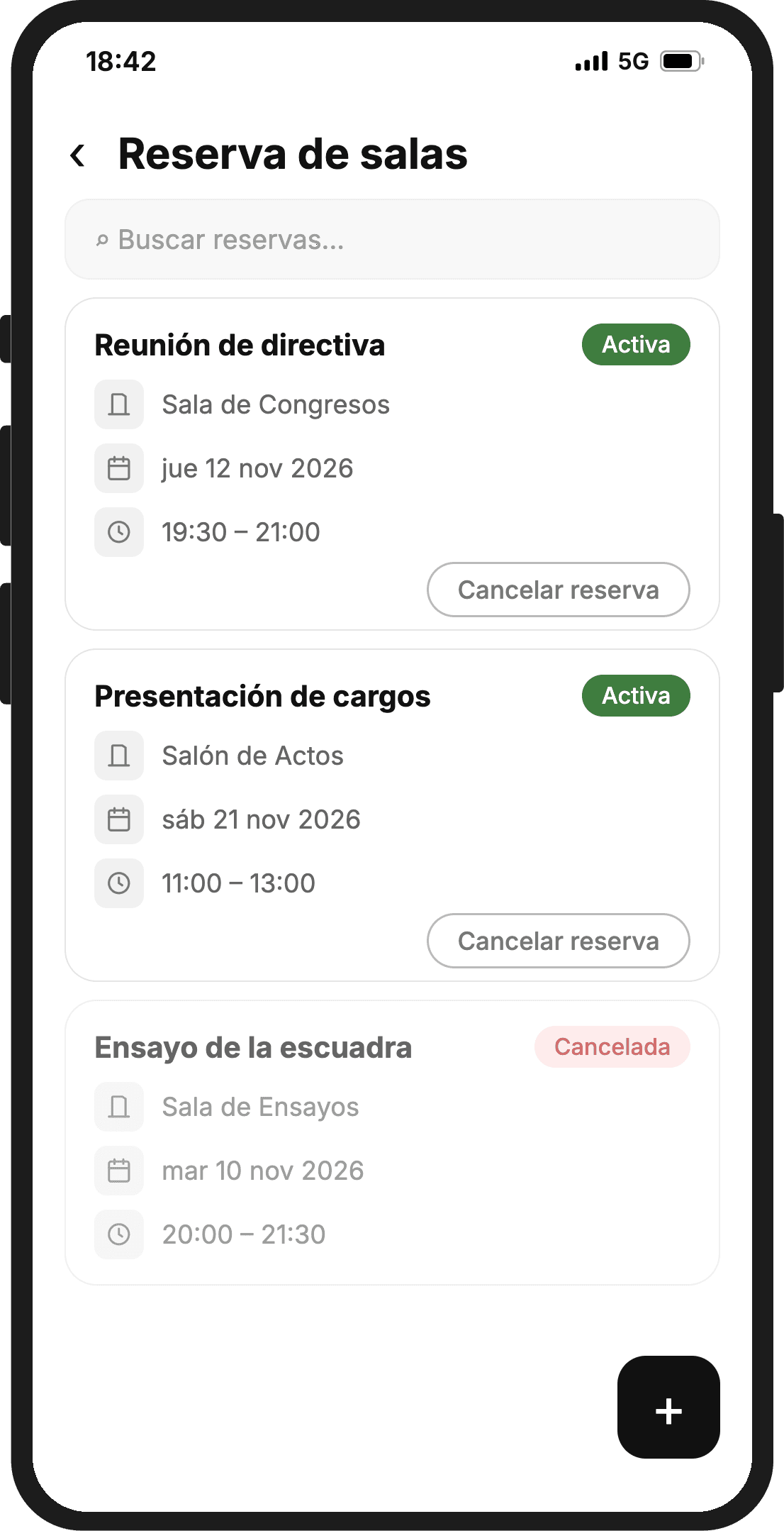 Lista de reservas de los Templarios en la app: la reunión de directiva y la presentación de cargos activas, y un ensayo cancelado