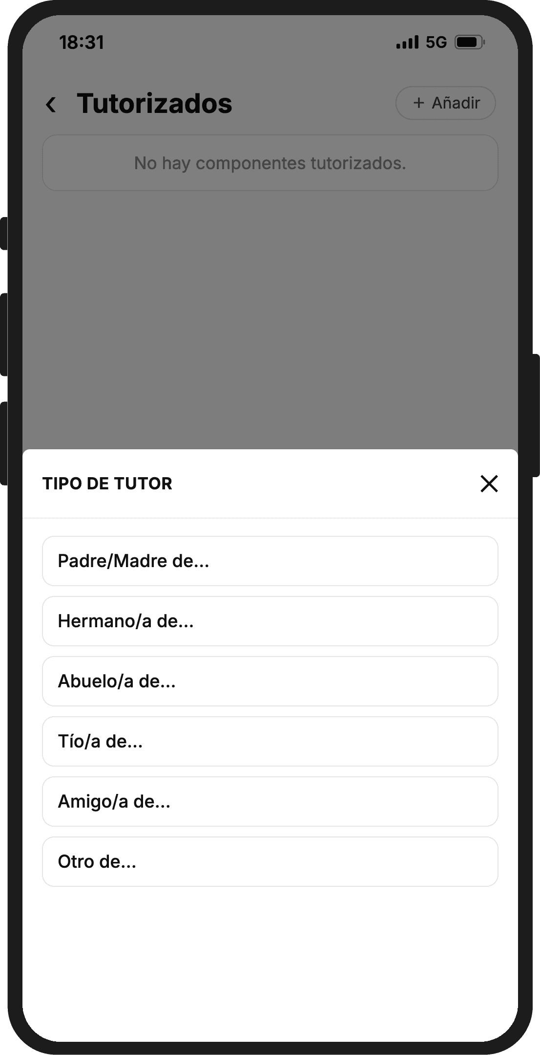 Ventana Tipo de tutor en la app: Padre/Madre de, Hermano/a de, Abuelo/a de, Tío/a de, Amigo/a de y Otro de
