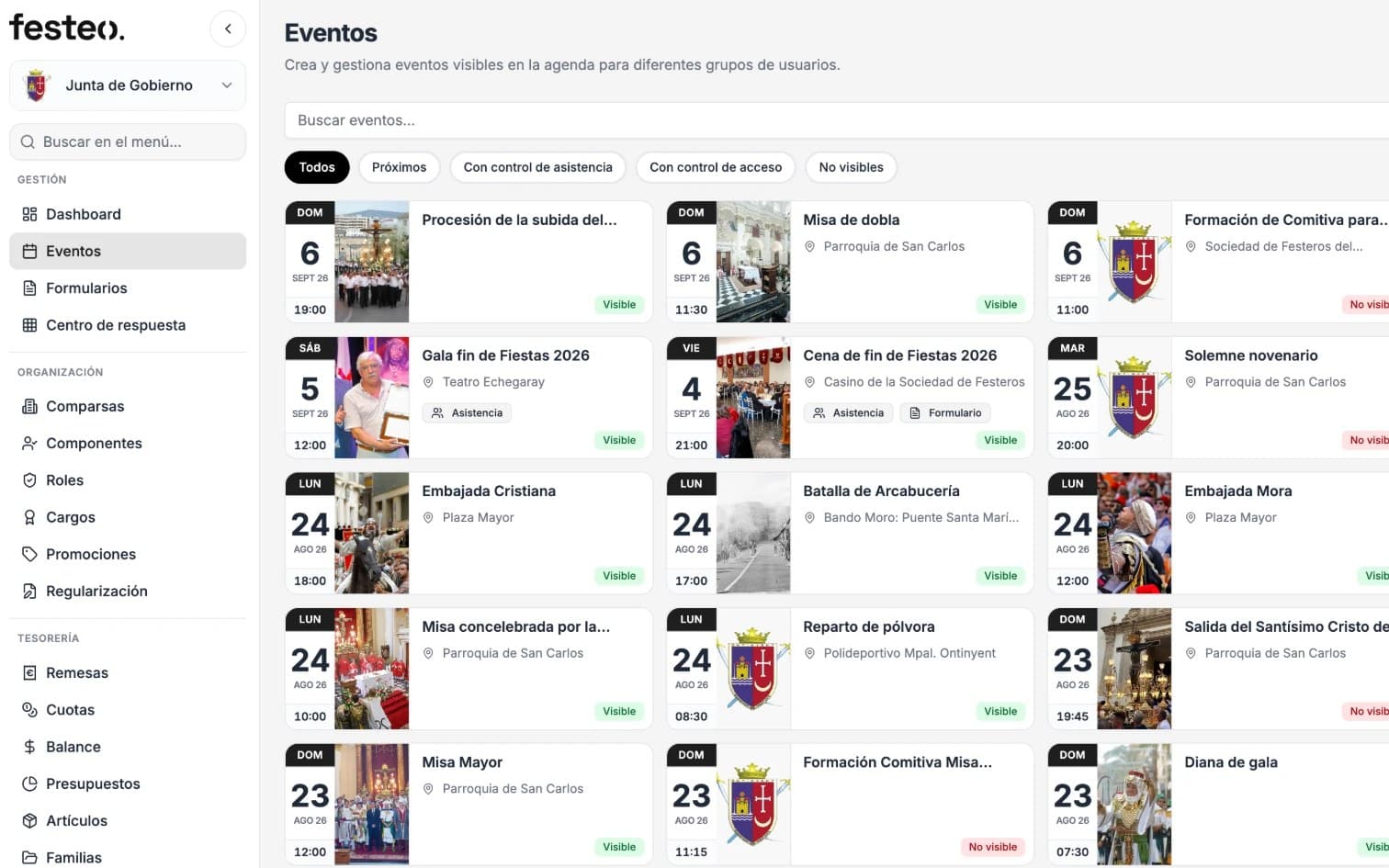 Panel web de Festeo: listado de eventos de la festividad